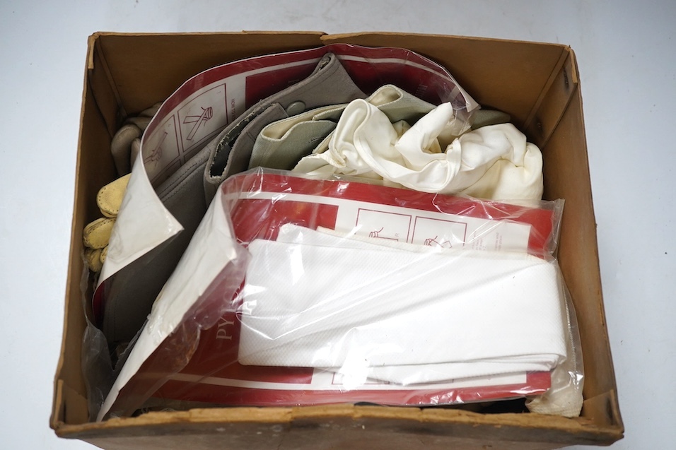 Four black gentlemen’s bowler hats and a collection of spats, gloves etc. Condition - hats dusty but in good condition, gloves fair